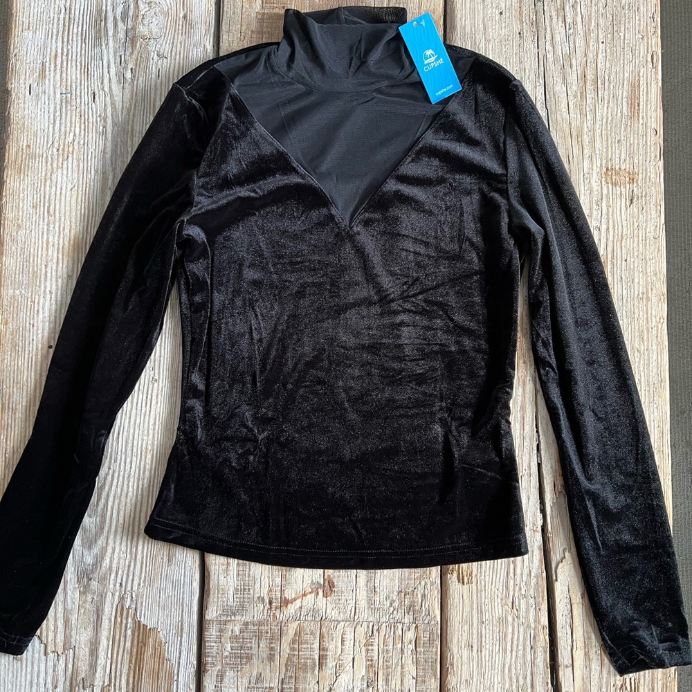 Cupshe Milan Black Long Sleeve Top with Sheer Neckline. Size Small